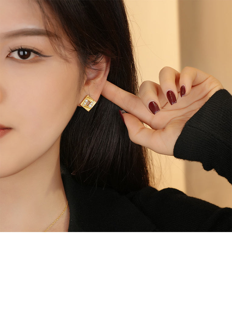 925 Sterling Silver Plated Gold Simple Personalized Brushed Hollow Geometric Stud Earrings with Cubic Zirconia - Luxurious Look