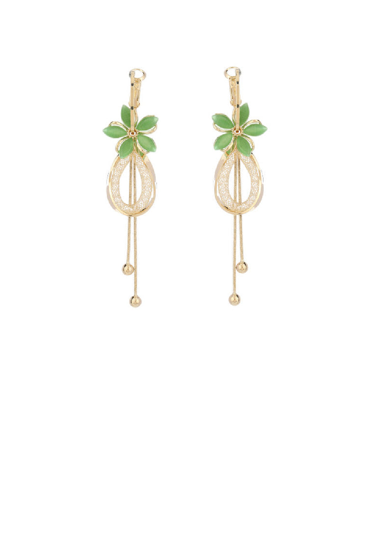 Fashion Simple Plated Gold Floral Green Imitation Opal Water Drop Tassel Earrings with Cubic Zirconia - Luxurious Look