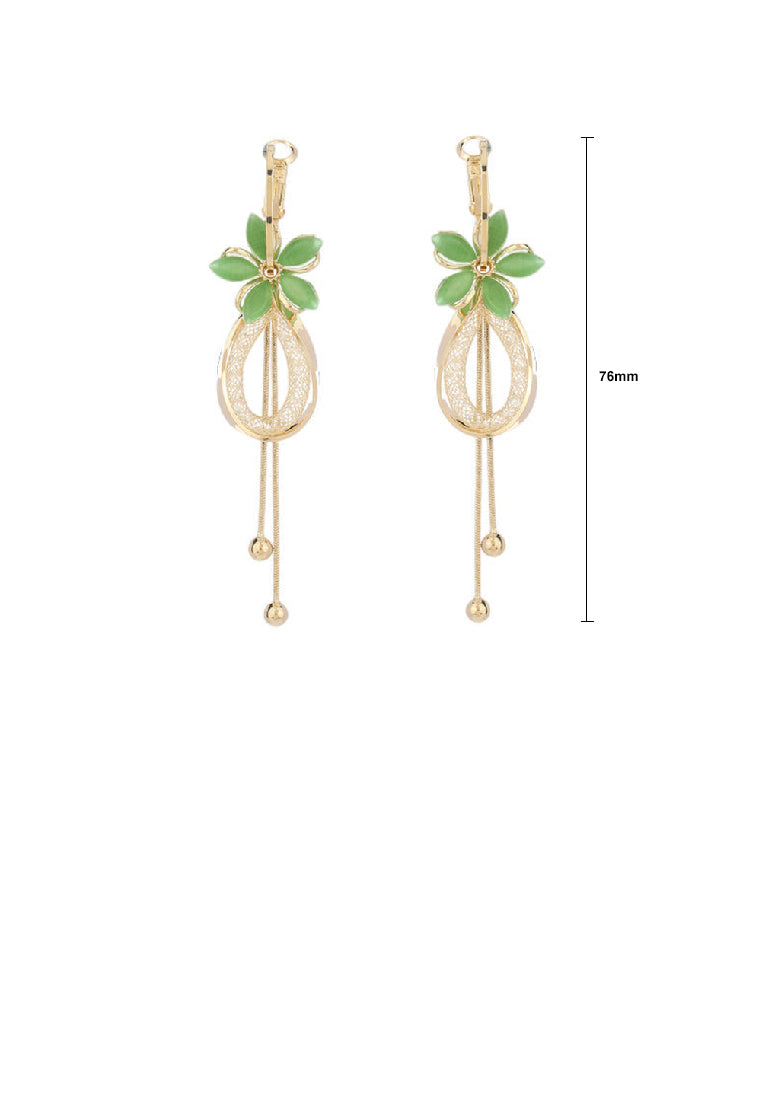 Fashion Simple Plated Gold Floral Green Imitation Opal Water Drop Tassel Earrings with Cubic Zirconia - Luxurious Look