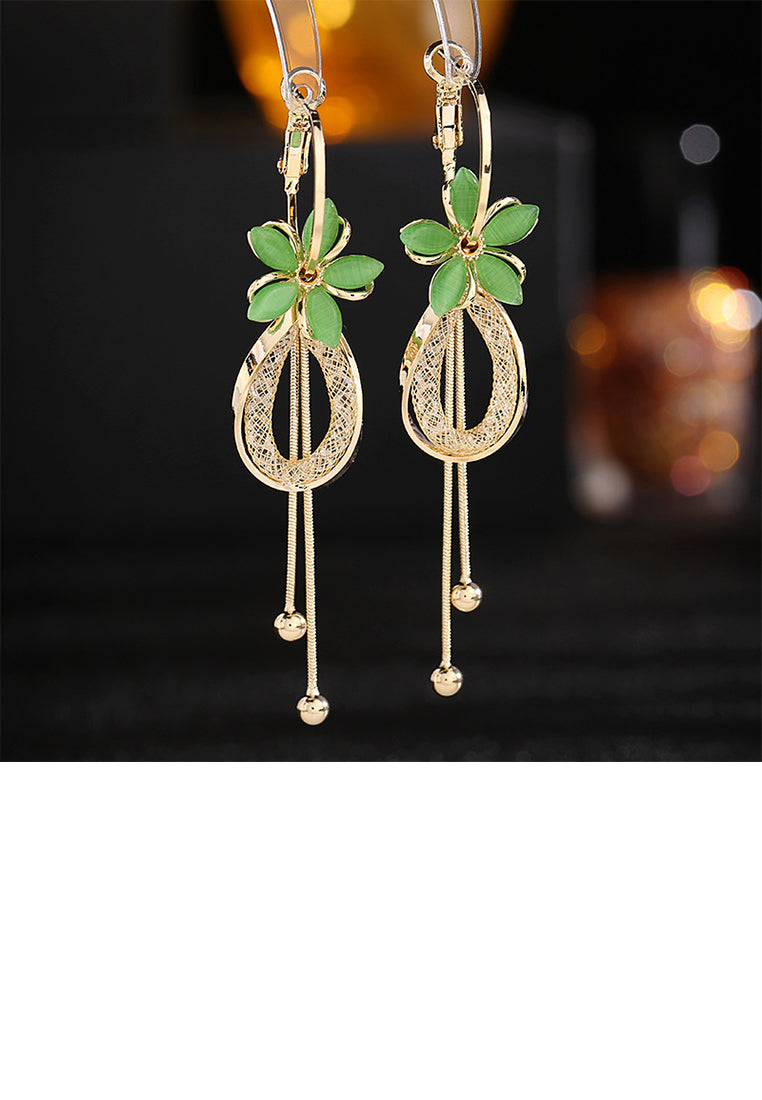 Fashion Simple Plated Gold Floral Green Imitation Opal Water Drop Tassel Earrings with Cubic Zirconia - Luxurious Look