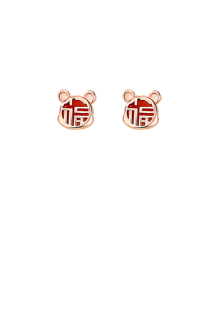 925 Sterling Silver Plated Rose Gold Simple Vintage Zodiac Mice Imitation Agate Stud Earrings with Blessing Character