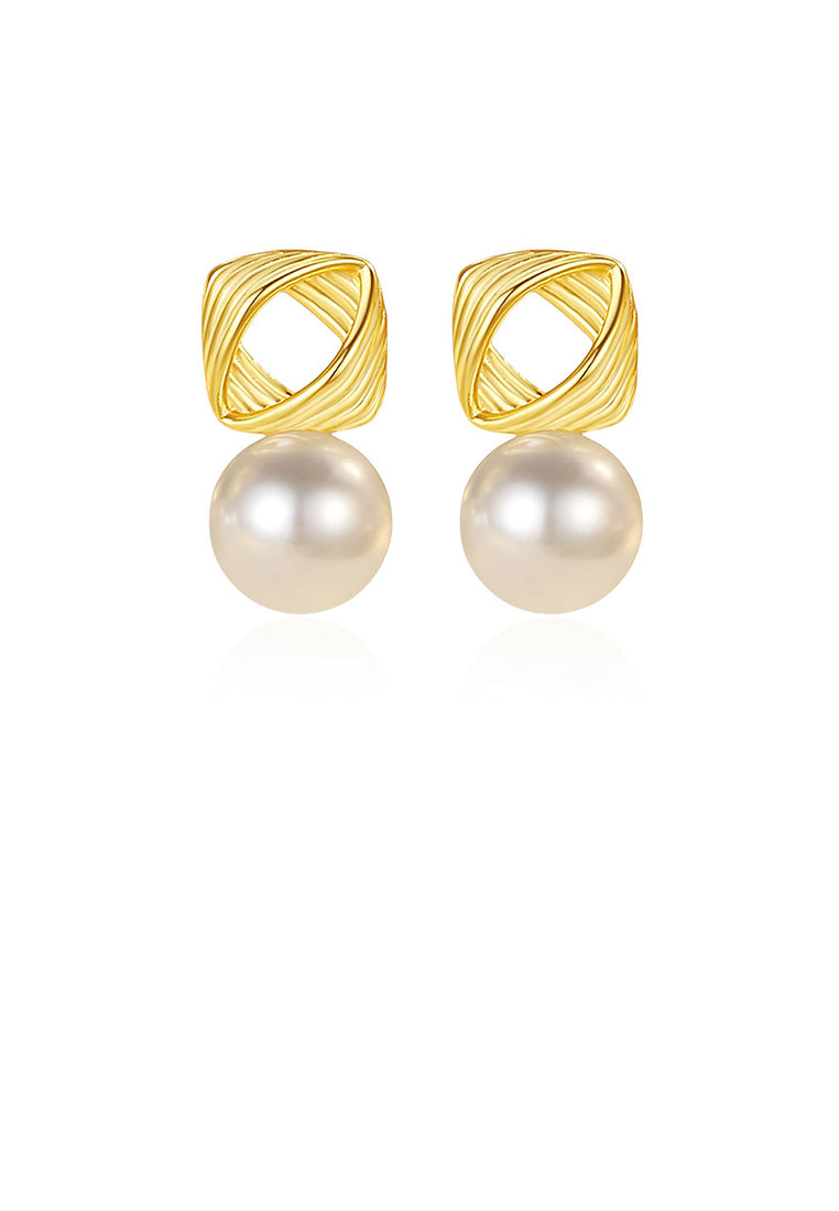 925 Sterling Silver Plated Gold Fashion and Elegant French Spiral Line Geometric Imitation Pearl Stud Earrings - Luxurious Look