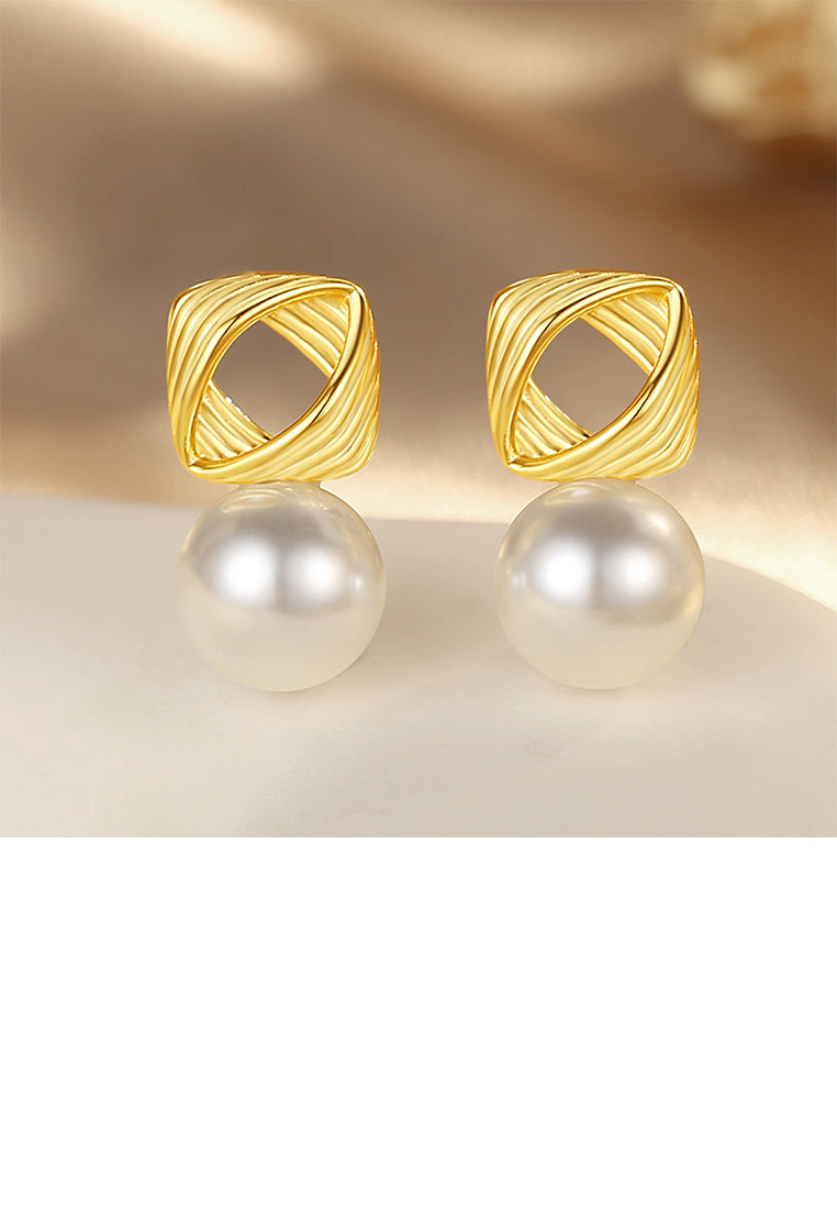 925 Sterling Silver Plated Gold Fashion and Elegant French Spiral Line Geometric Imitation Pearl Stud Earrings - Luxurious Look