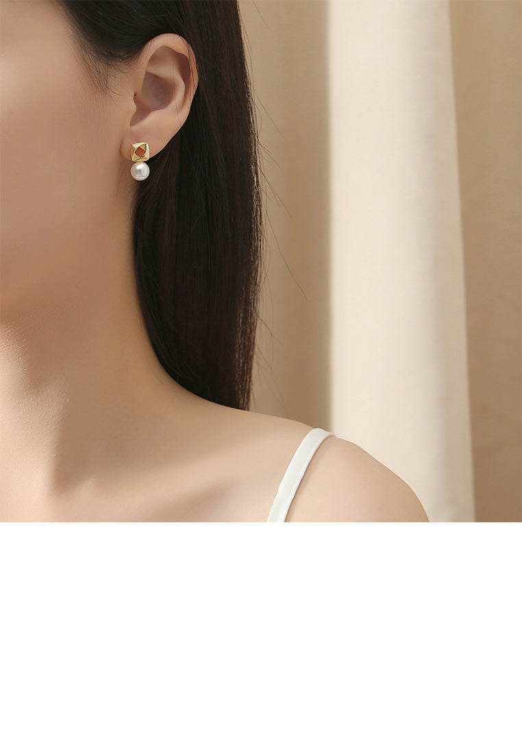 925 Sterling Silver Plated Gold Fashion and Elegant French Spiral Line Geometric Imitation Pearl Stud Earrings - Luxurious Look