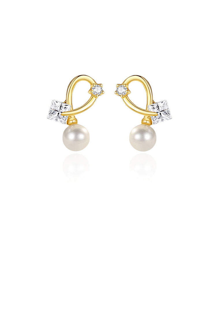 925 Sterling Silver Plated Gold Simple Fashion Line Imitation Pearl Earrings with Cubic Zirconia - Luxurious Look