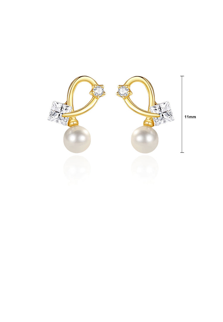 925 Sterling Silver Plated Gold Simple Fashion Line Imitation Pearl Earrings with Cubic Zirconia - Luxurious Look