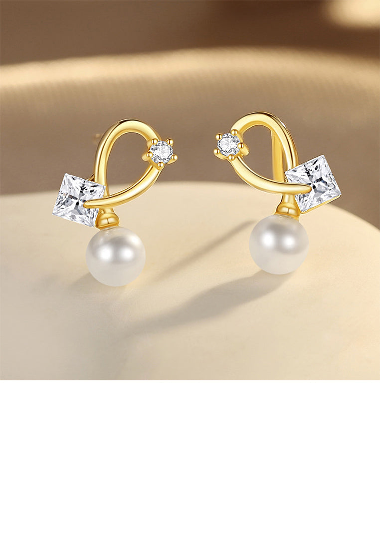 925 Sterling Silver Plated Gold Simple Fashion Line Imitation Pearl Earrings with Cubic Zirconia - Luxurious Look