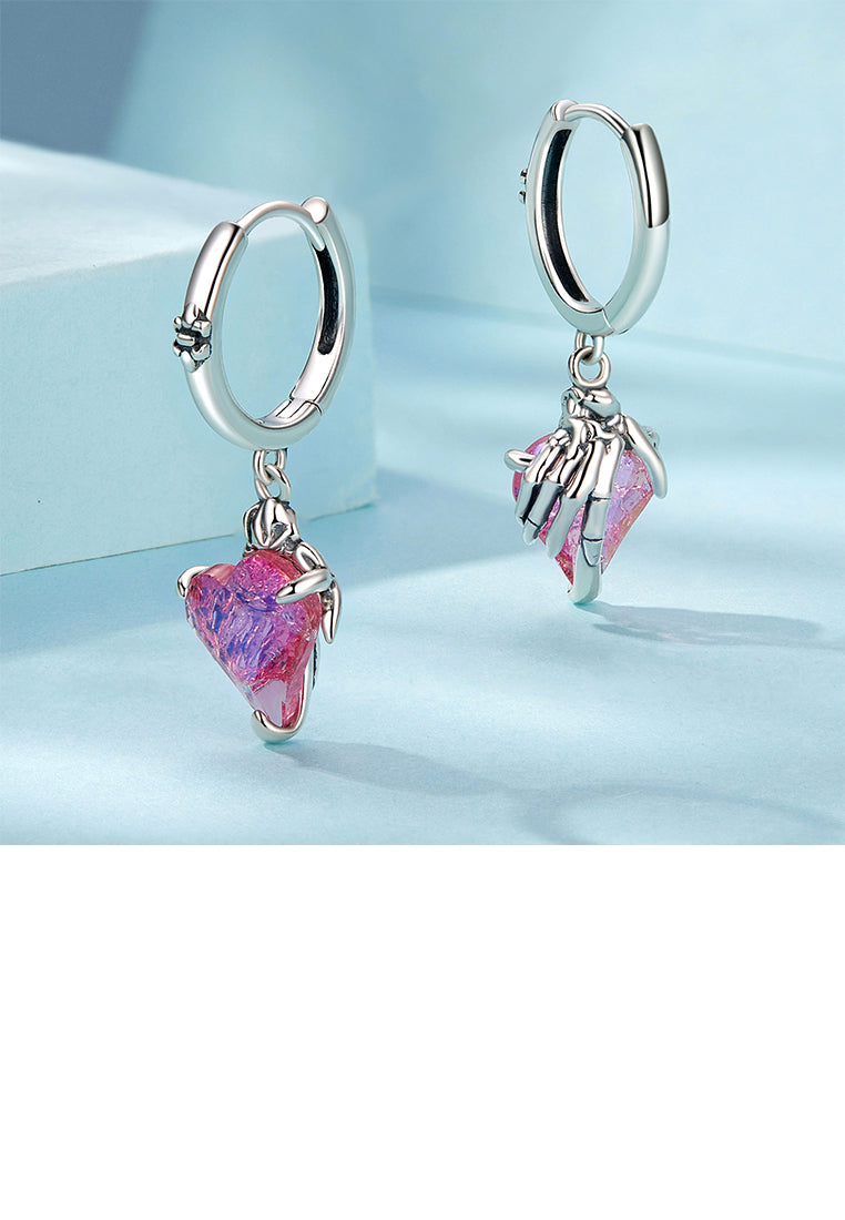 925 Sterling Silver Fashion and Elegant Heart Shape Devils Hand Earrings with Cubic Zirconia - Luxurious Look