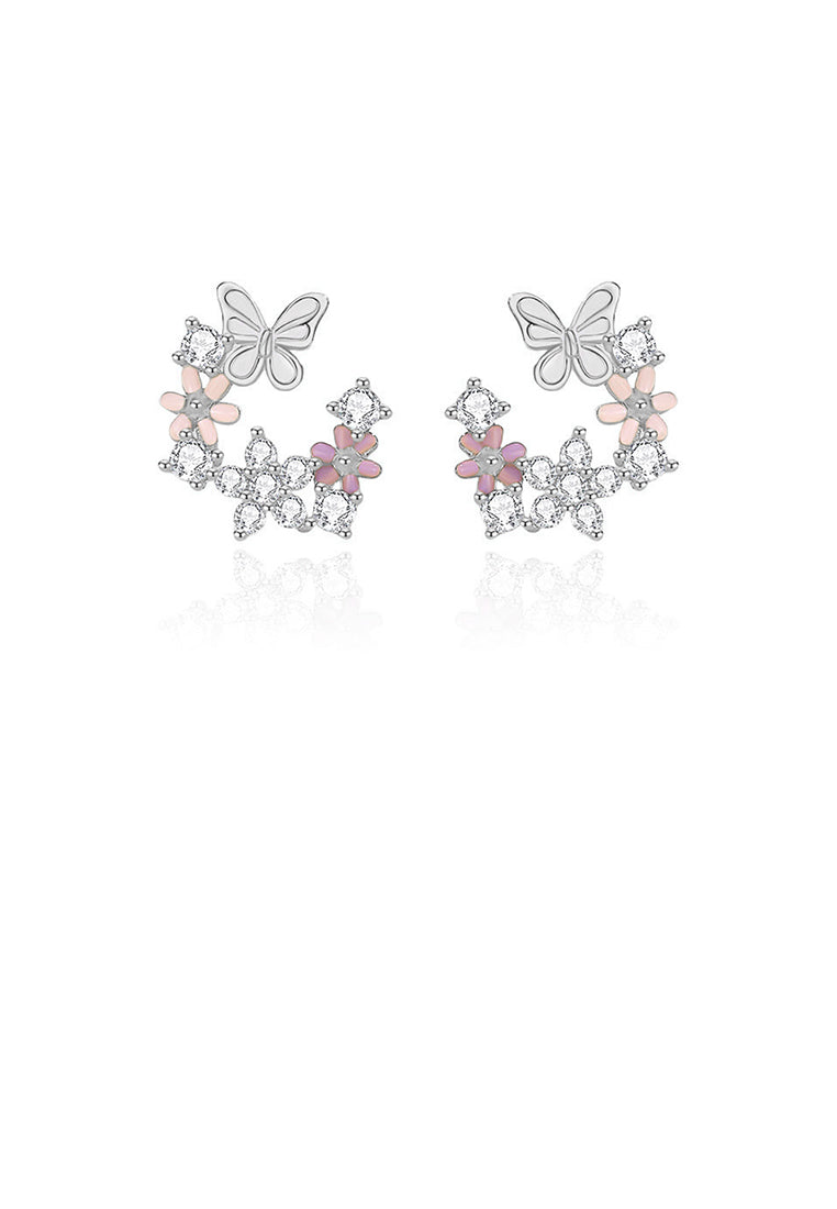 925 Sterling Silver Fashion Sweet Butterfly Flower Stud Earrings with Cubic Zirconia - Luxurious Look