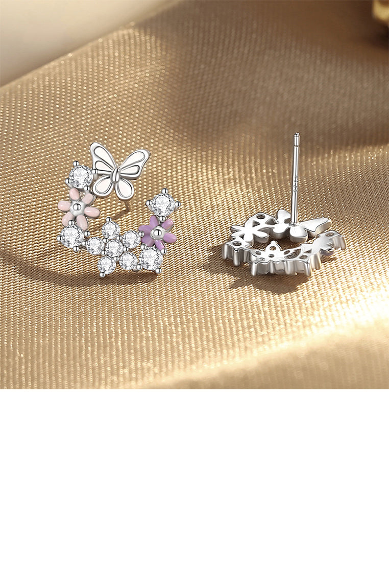 925 Sterling Silver Fashion Sweet Butterfly Flower Stud Earrings with Cubic Zirconia - Luxurious Look