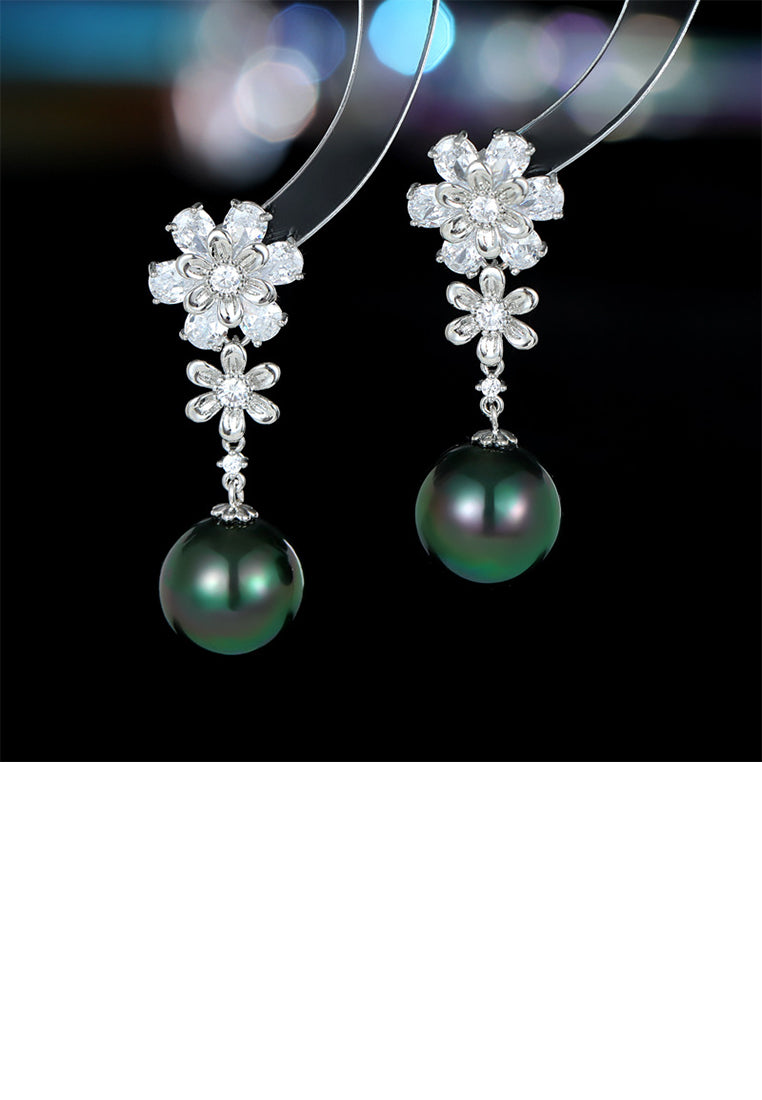 Elegant Temperament Floral Green Imitation Pearl Earrings with Cubic Zirconia - Luxurious Look