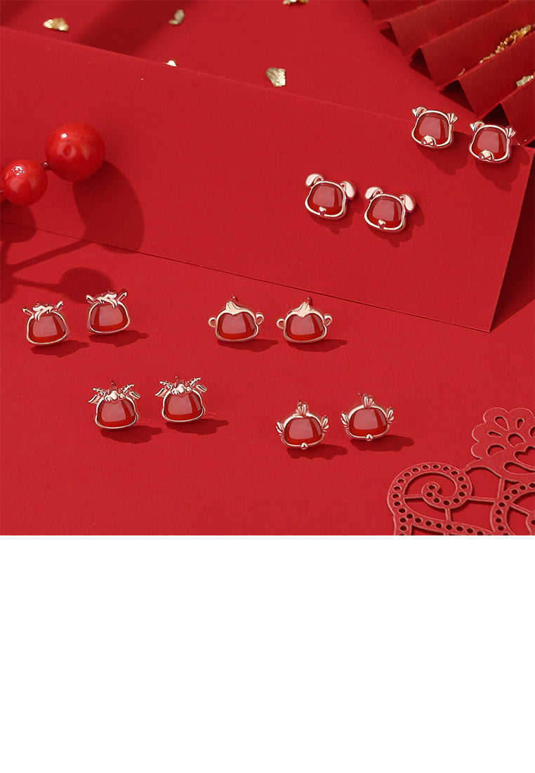 925 Sterling Silver Plated Rose Gold Simple and Cute Twelve Zodiac Dragon Imitation Agate Stud Earrings