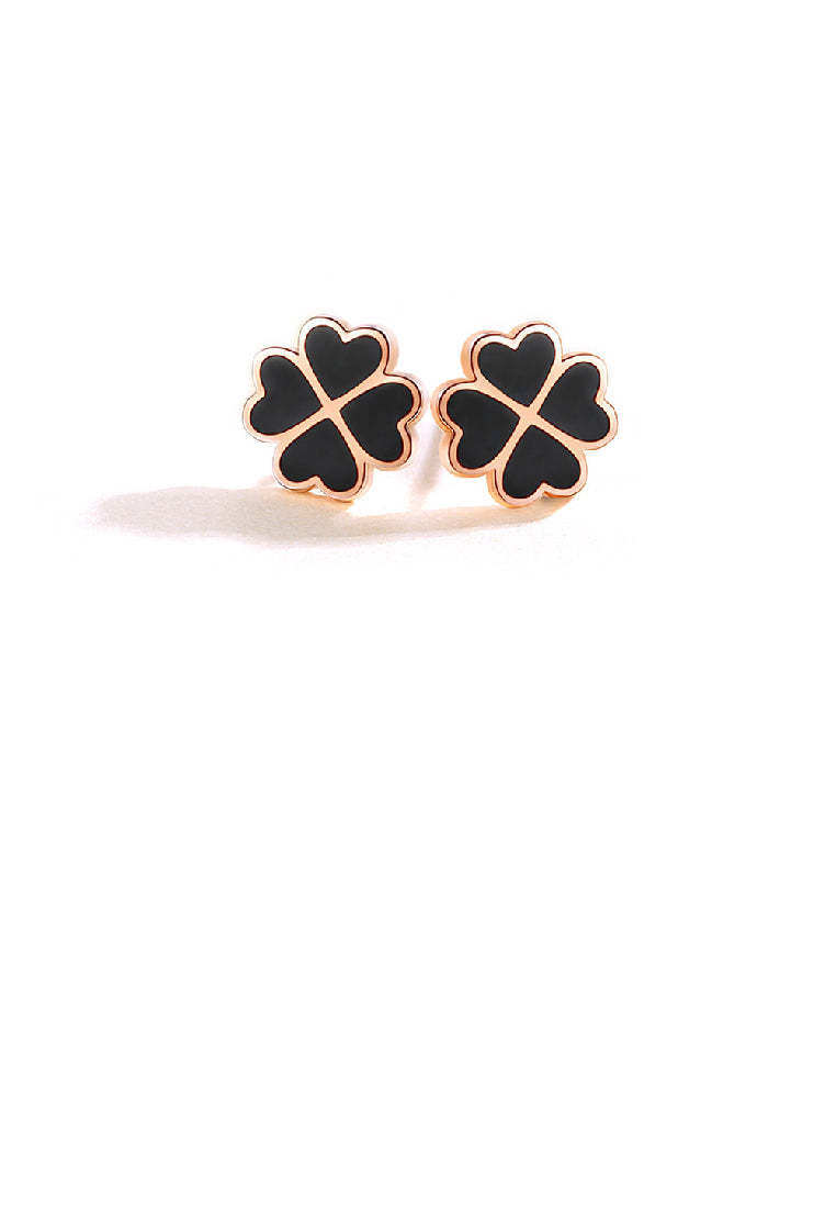 925 Sterling Silver Plated Rose Gold Fashion Simple Enamel Black Four-leafed Clover Stud Earrings