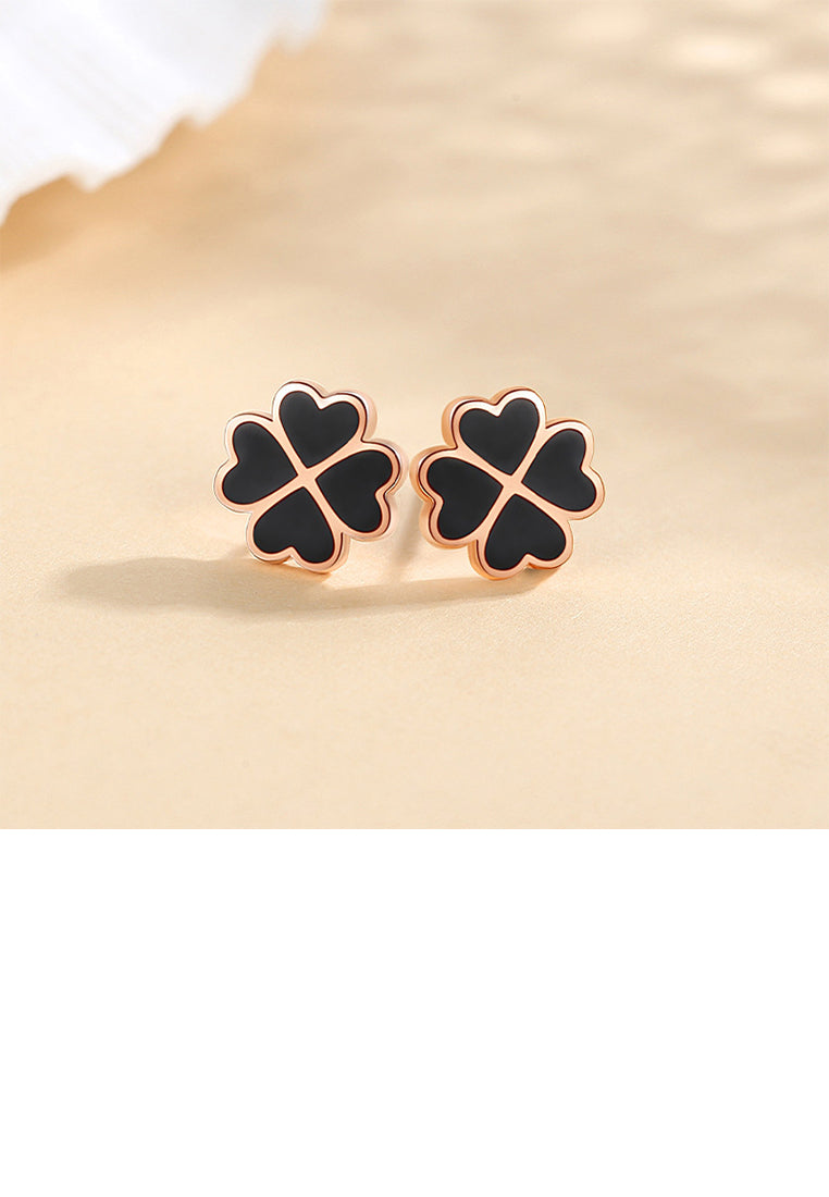 925 Sterling Silver Plated Rose Gold Fashion Simple Enamel Black Four-leafed Clover Stud Earrings