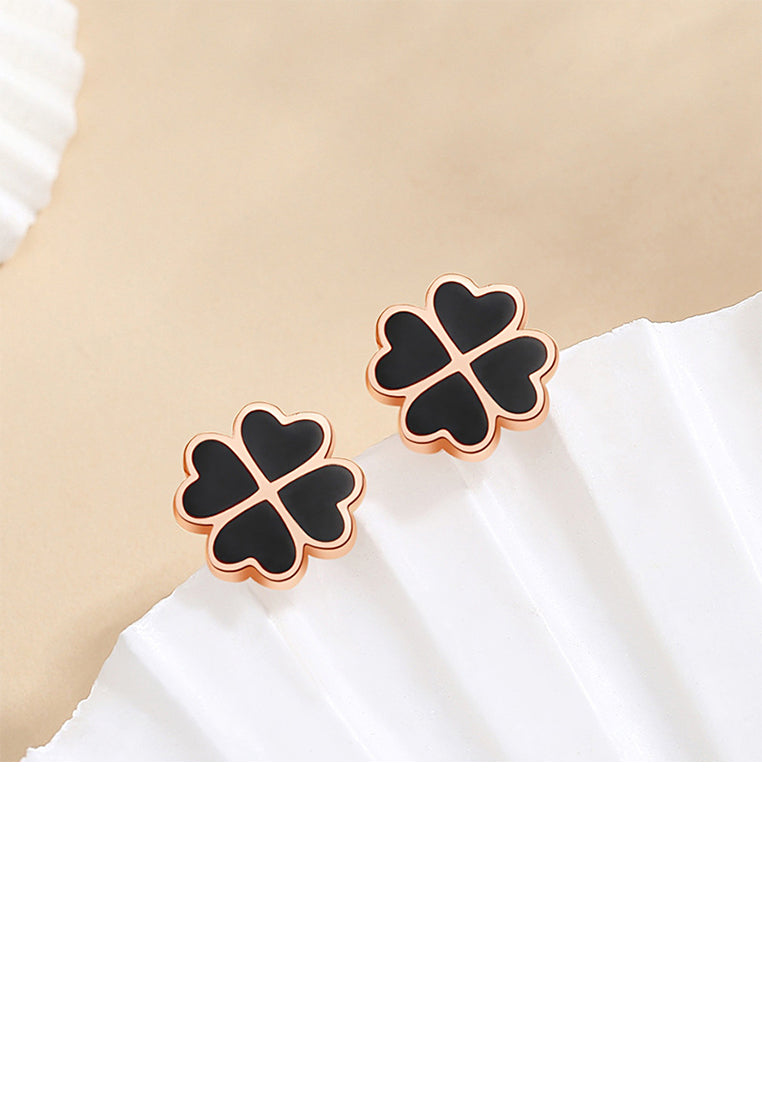 925 Sterling Silver Plated Rose Gold Fashion Simple Enamel Black Four-leafed Clover Stud Earrings