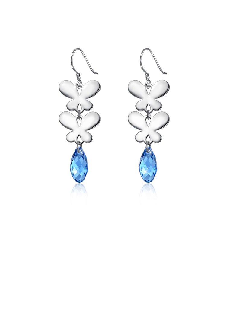 925 Sterling Silver Elegant Romantic Butterfly Earrings with Blue Austrian Element Crystal