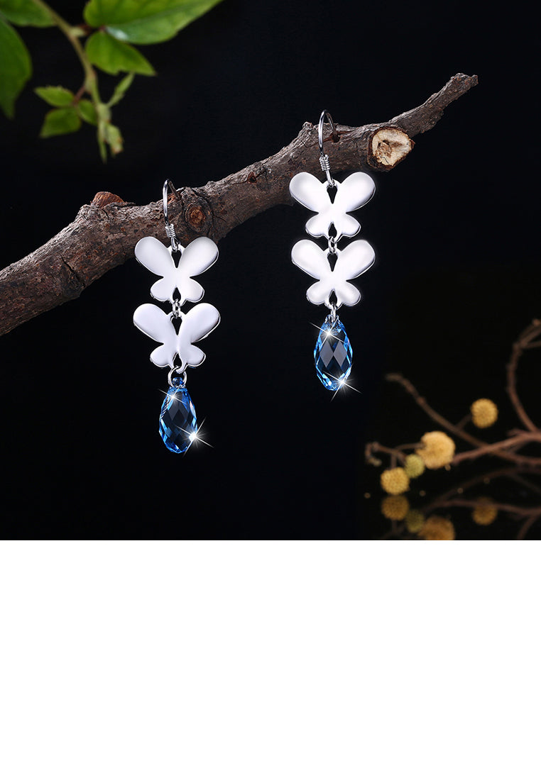 925 Sterling Silver Elegant Romantic Butterfly Earrings with Blue Austrian Element Crystal
