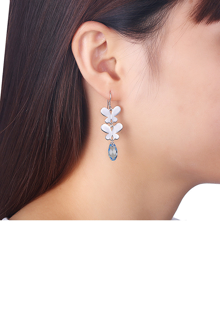 925 Sterling Silver Elegant Romantic Butterfly Earrings with Blue Austrian Element Crystal