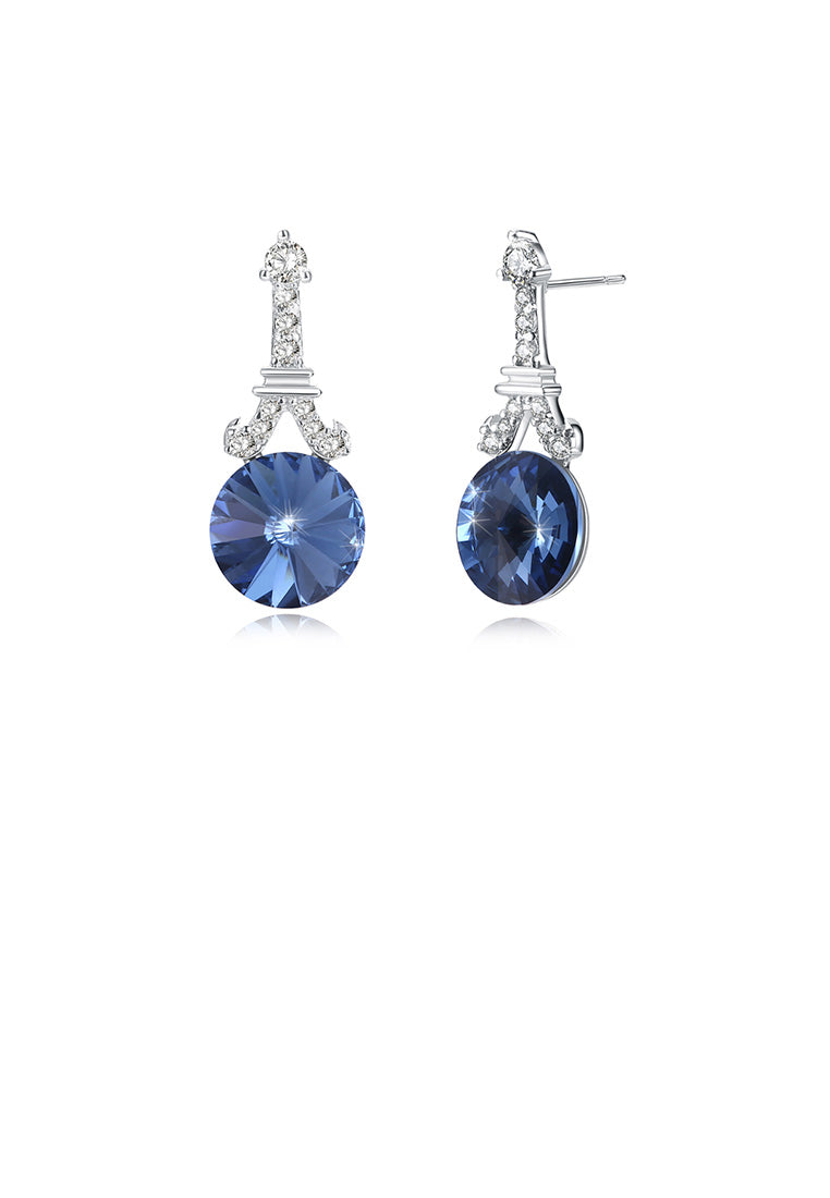 925 Sterling Silver Fashion Tower Blue Austrian Element Crystal Round Earrings