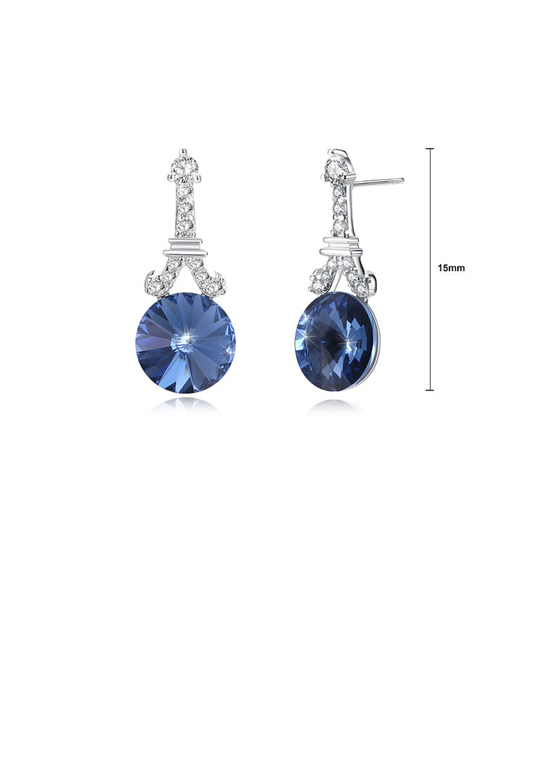 925 Sterling Silver Fashion Tower Blue Austrian Element Crystal Round Earrings