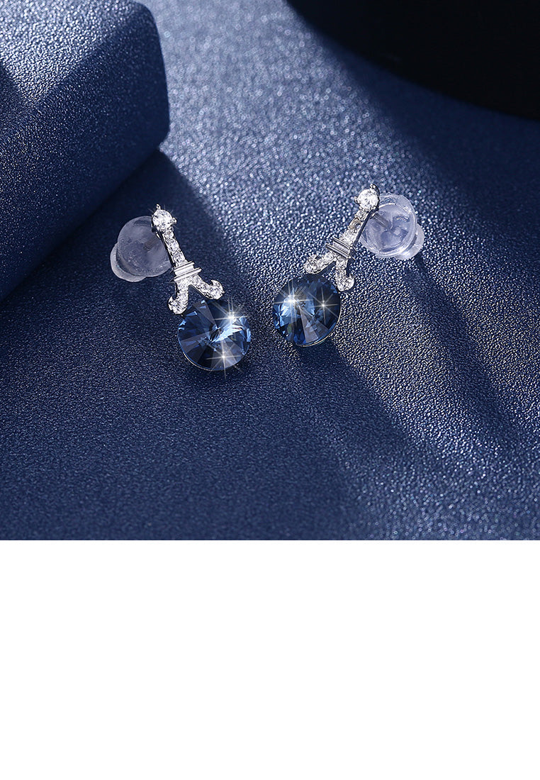 925 Sterling Silver Fashion Tower Blue Austrian Element Crystal Round Earrings
