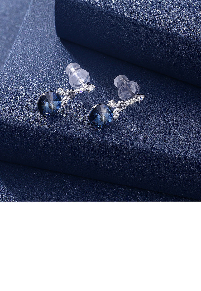 925 Sterling Silver Fashion Tower Blue Austrian Element Crystal Round Earrings