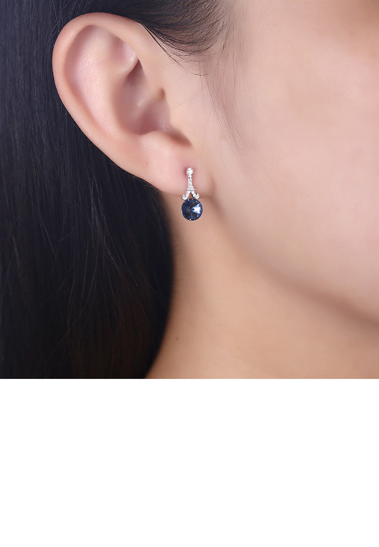 925 Sterling Silver Fashion Tower Blue Austrian Element Crystal Round Earrings