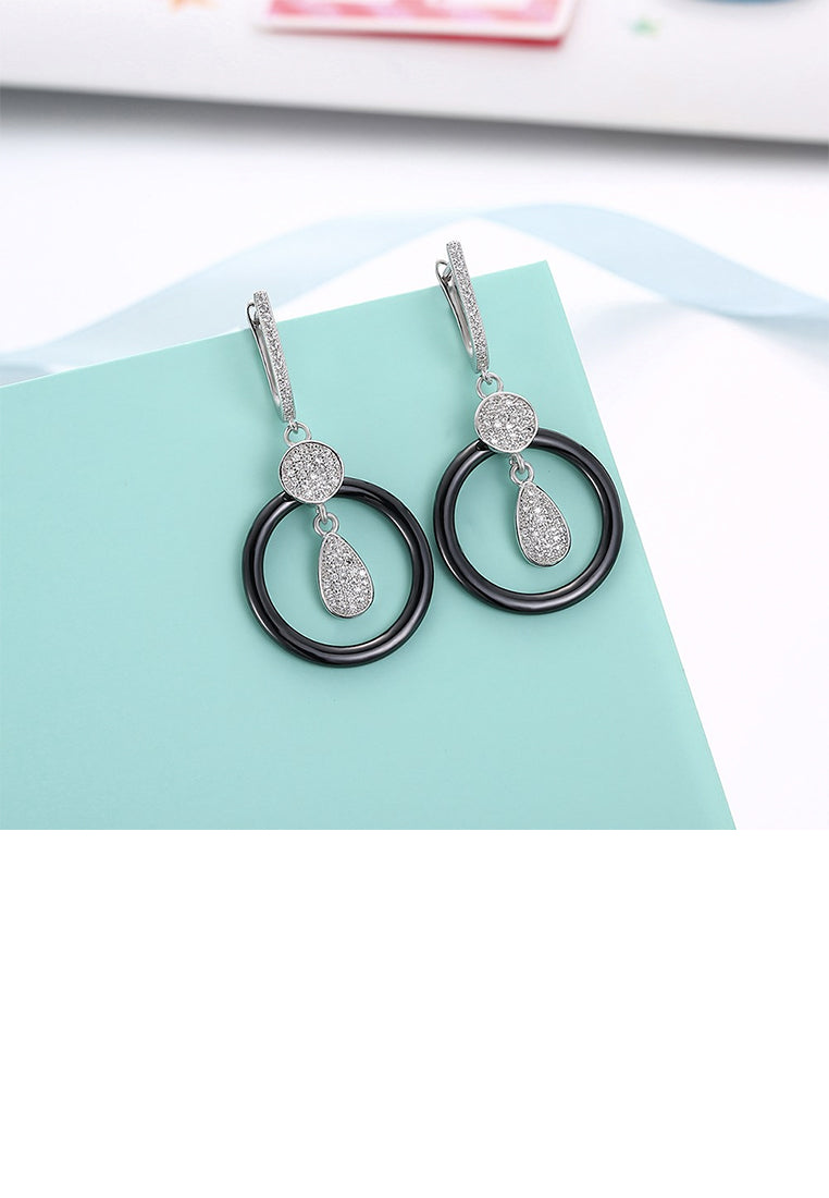 925 Sterling Silve Simple Elegant Noble Luxury Round Black Ceramic Earrings with Cubic Zircon