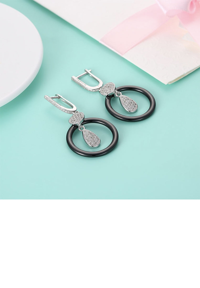 925 Sterling Silve Simple Elegant Noble Luxury Round Black Ceramic Earrings with Cubic Zircon