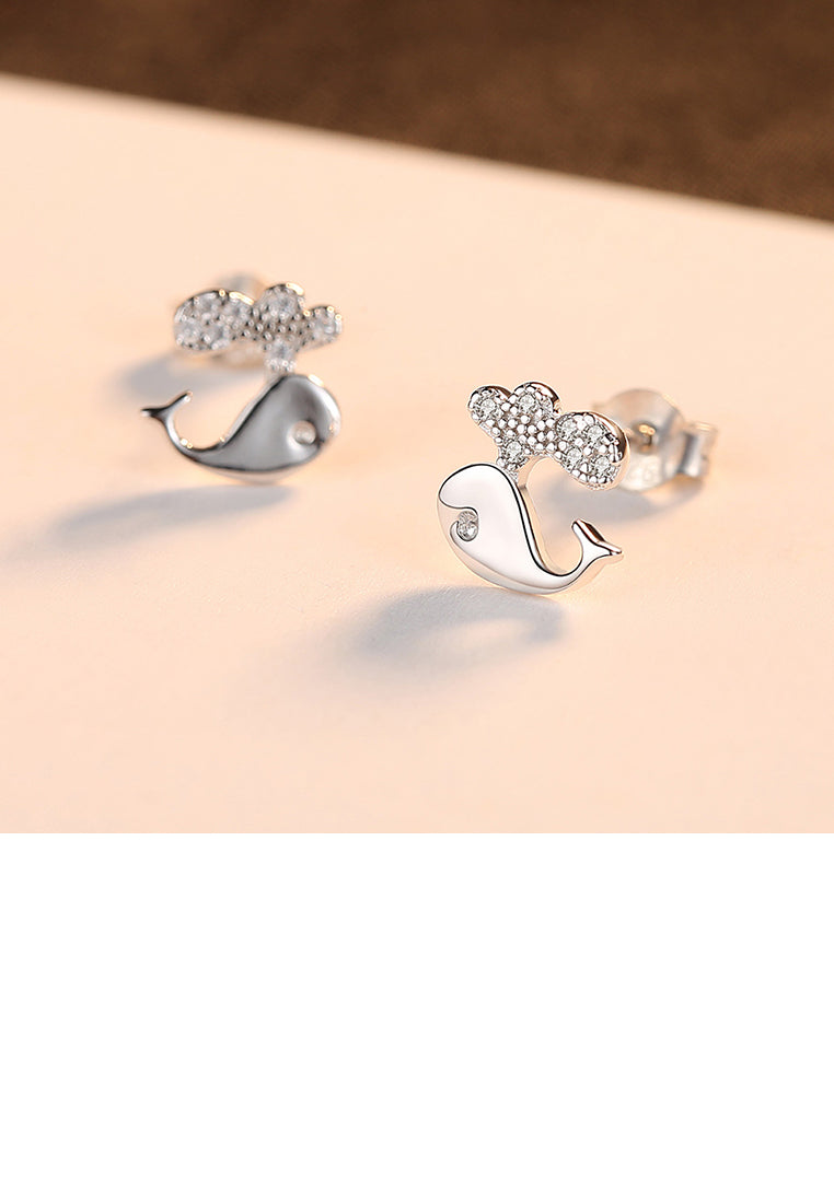 925 Sterling Silver Simple and Cute Dolphin Stud Earrings with Cubic Zirconia - Luxurious Look