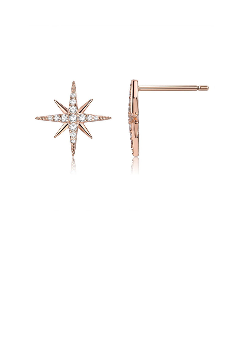 925 Sterling Silver Plated Rose Gold Bright Star Cubic Zirconia Stud Earrings - Luxurious Look