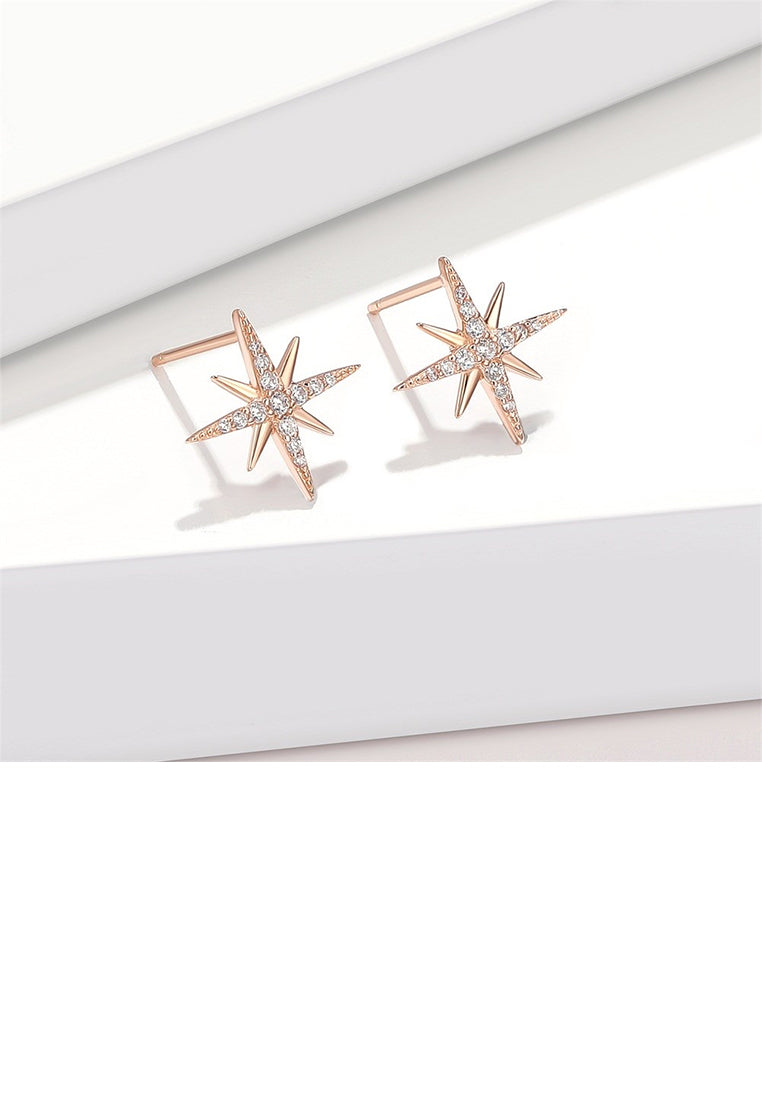 925 Sterling Silver Plated Rose Gold Bright Star Cubic Zirconia Stud Earrings - Luxurious Look