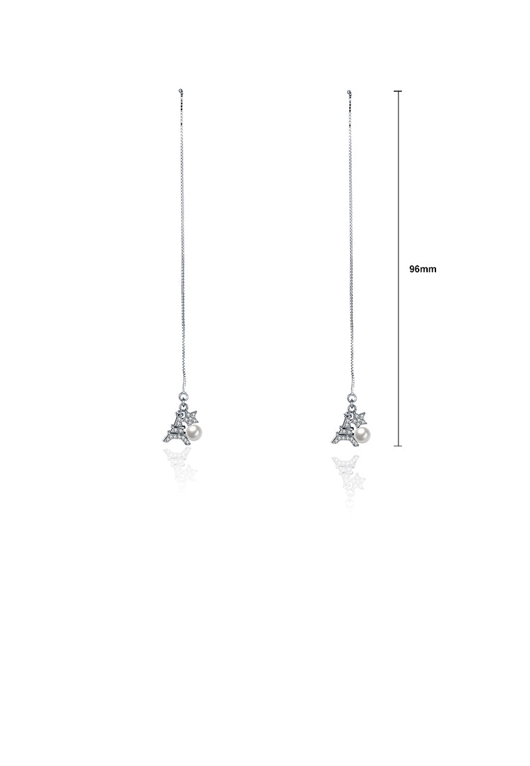 925 Sterling Silver Elegant Fashion Eiffel Tower Long Pearl Earrings and Ear Wire - Luxurious Look