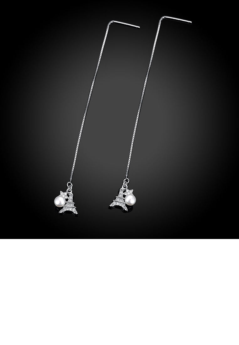 925 Sterling Silver Elegant Fashion Eiffel Tower Long Pearl Earrings and Ear Wire - Luxurious Look