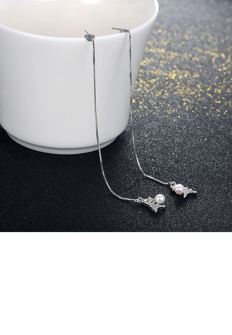 925 Sterling Silver Elegant Fashion Eiffel Tower Long Pearl Earrings and Ear Wire - Luxurious Look