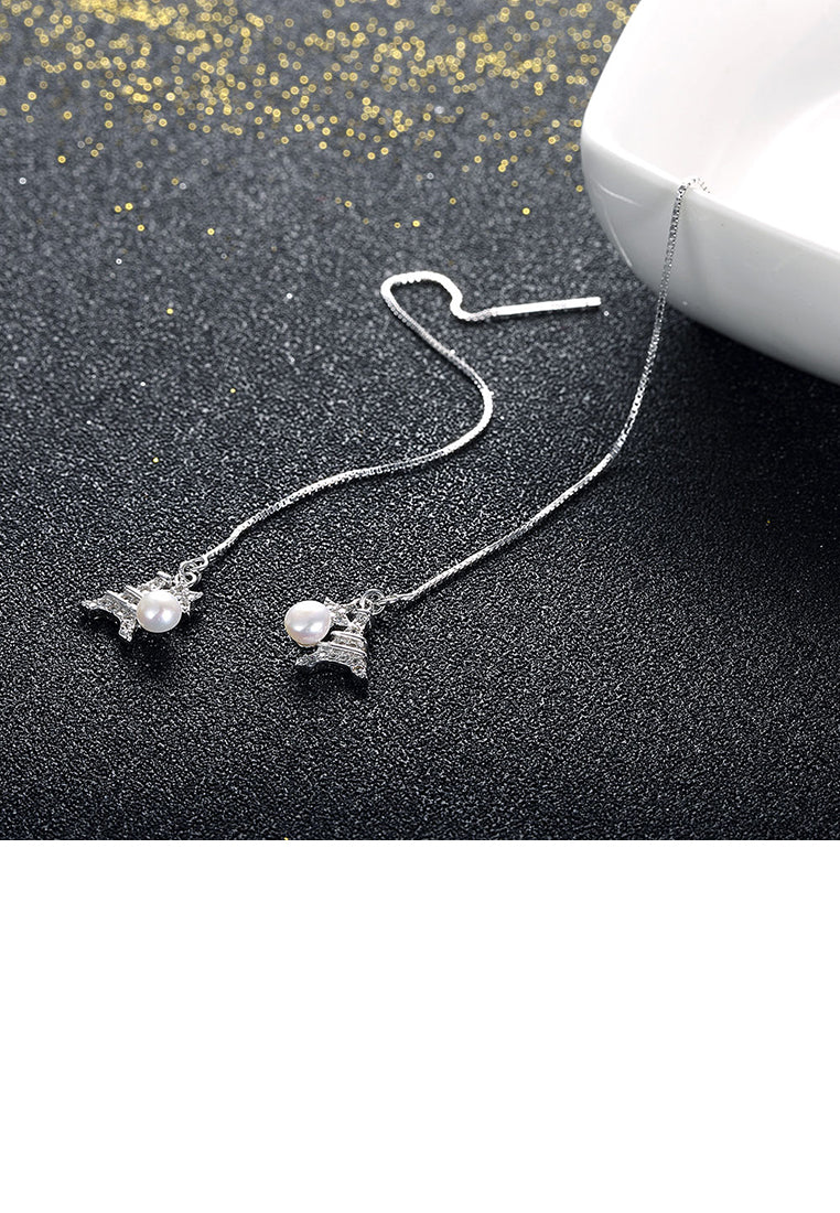 925 Sterling Silver Elegant Fashion Eiffel Tower Long Pearl Earrings and Ear Wire - Luxurious Look