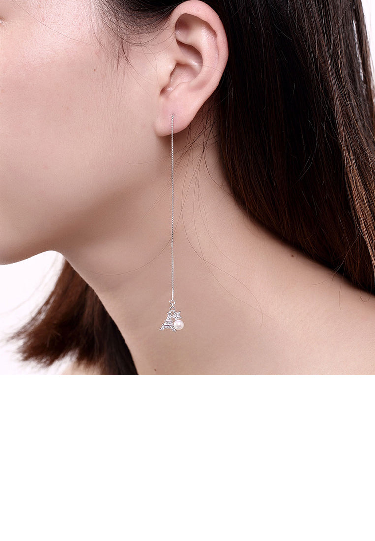 925 Sterling Silver Elegant Fashion Eiffel Tower Long Pearl Earrings and Ear Wire - Luxurious Look