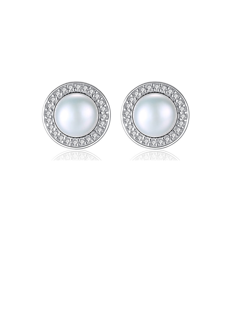 925 Sterling Silver Fashion and Elegant Geometric Round White Freshwater Pearl Stud Earrings with Cubic Zirconia - Luxurious Look