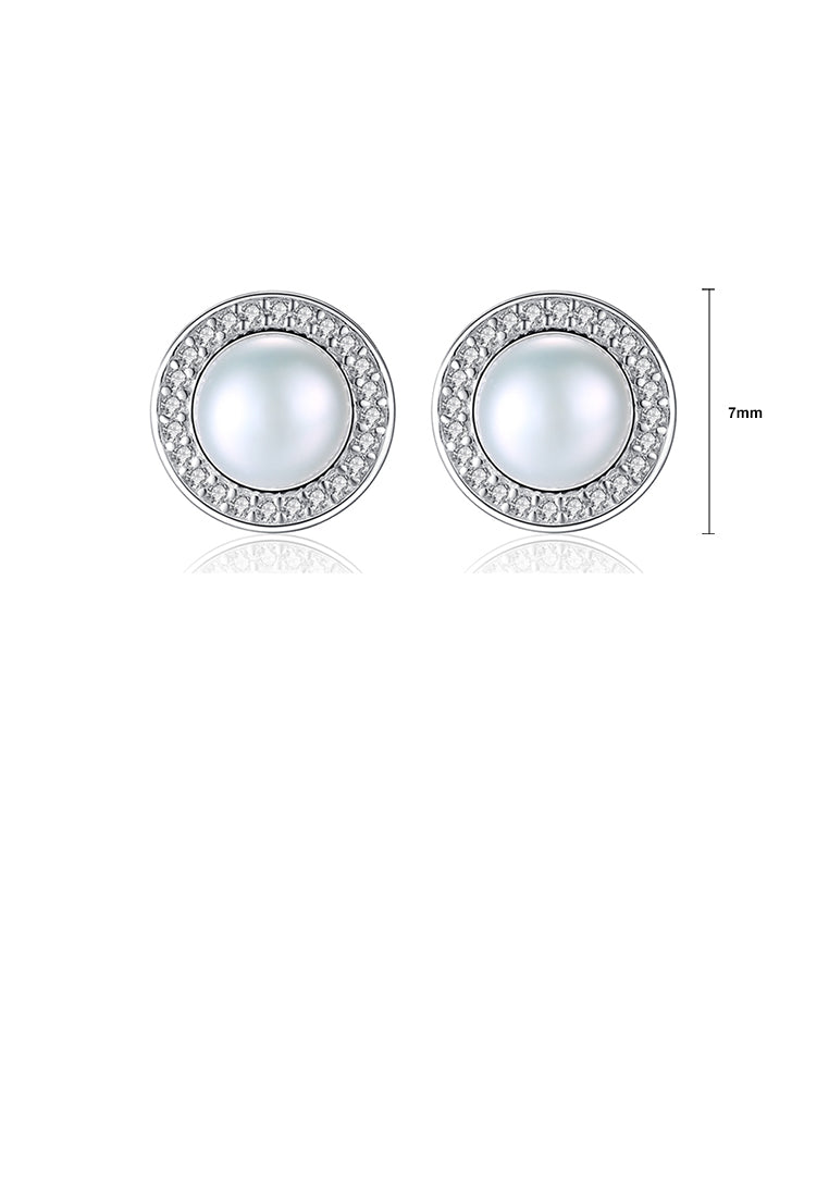 925 Sterling Silver Fashion and Elegant Geometric Round White Freshwater Pearl Stud Earrings with Cubic Zirconia - Luxurious Look