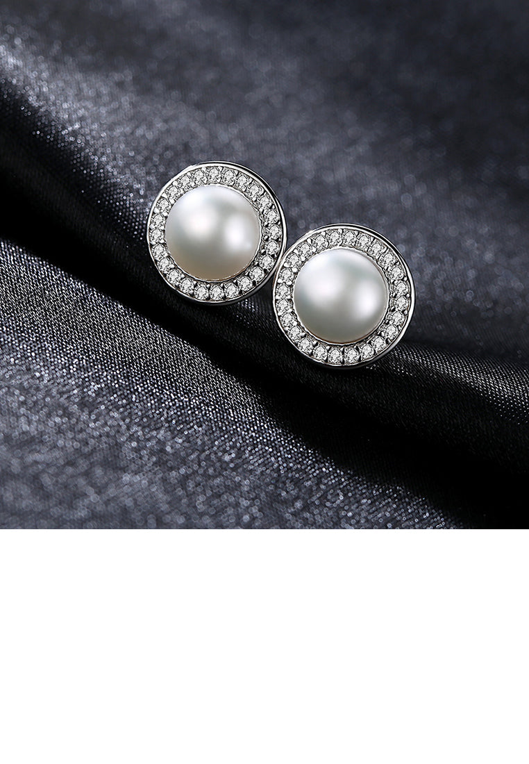 925 Sterling Silver Fashion and Elegant Geometric Round White Freshwater Pearl Stud Earrings with Cubic Zirconia - Luxurious Look