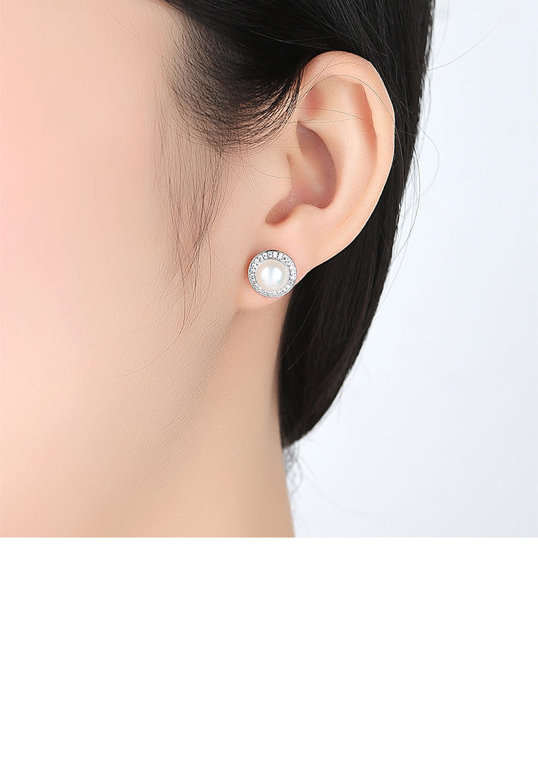 925 Sterling Silver Fashion and Elegant Geometric Round White Freshwater Pearl Stud Earrings with Cubic Zirconia - Luxurious Look