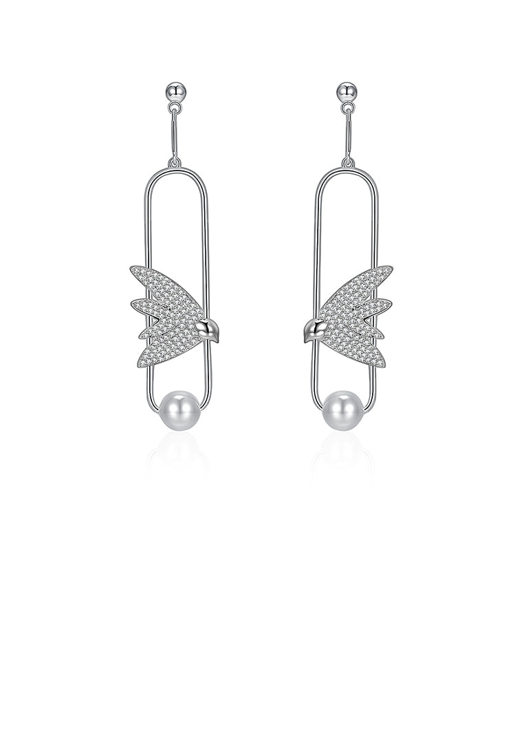925 Sterling Silver Elegant Delicate Fashion Bird Little Swallow Pearl Earrings with Austrian Element Crystal - Luxurious Look