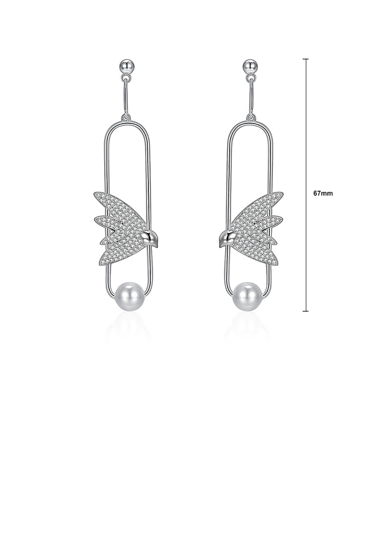 925 Sterling Silver Elegant Delicate Fashion Bird Little Swallow Pearl Earrings with Austrian Element Crystal - Luxurious Look