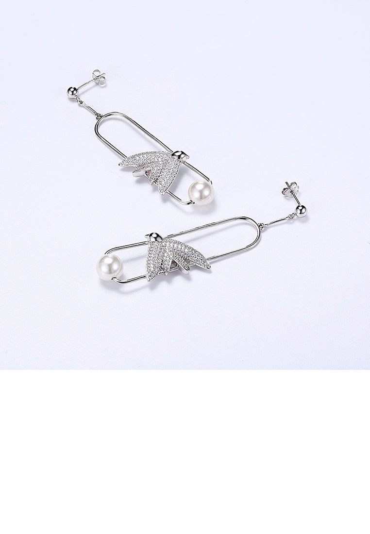 925 Sterling Silver Elegant Delicate Fashion Bird Little Swallow Pearl Earrings with Austrian Element Crystal - Luxurious Look