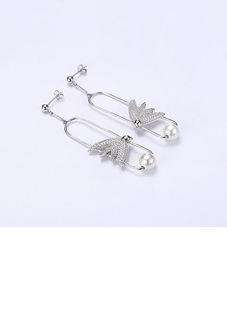 925 Sterling Silver Elegant Delicate Fashion Bird Little Swallow Pearl Earrings with Austrian Element Crystal - Luxurious Look