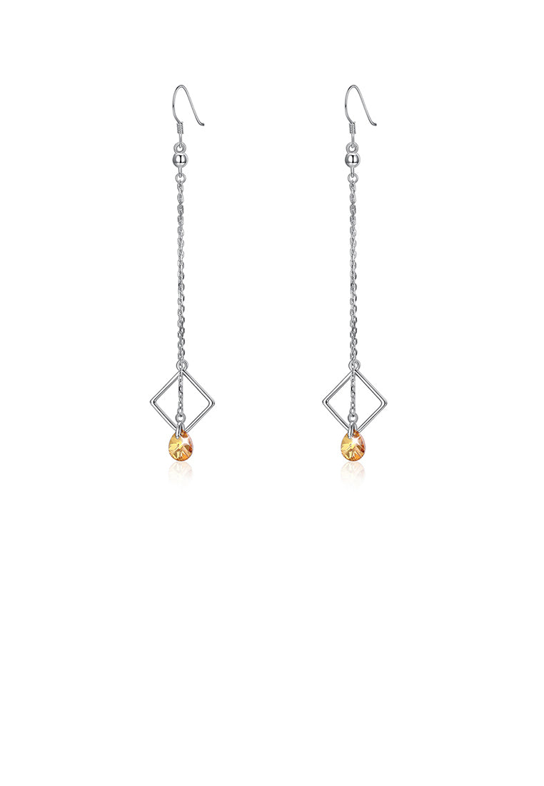925 Sterling Silver Square Long Earrings with Yellow Austrian Element Crystal