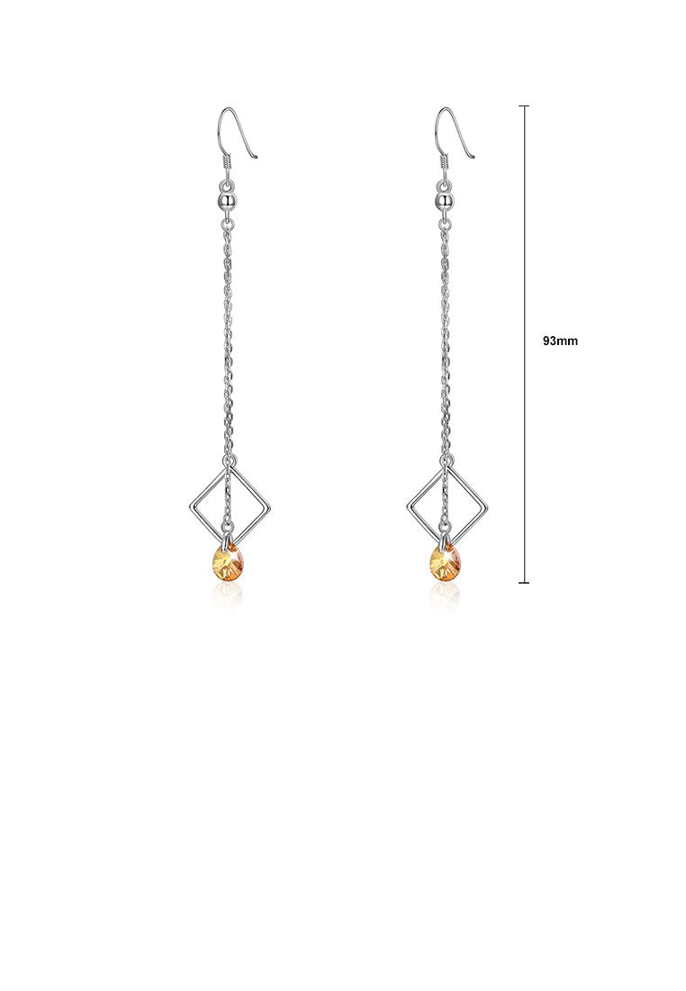 925 Sterling Silver Square Long Earrings with Yellow Austrian Element Crystal