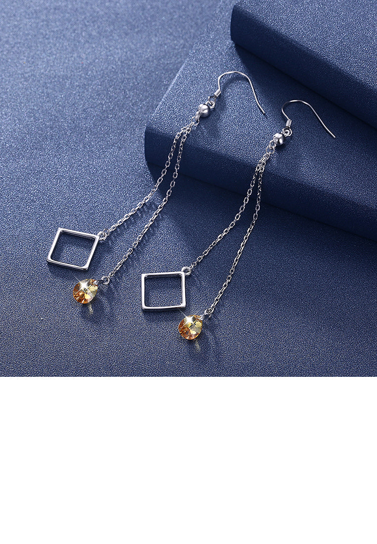 925 Sterling Silver Square Long Earrings with Yellow Austrian Element Crystal