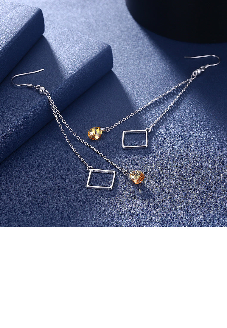 925 Sterling Silver Square Long Earrings with Yellow Austrian Element Crystal
