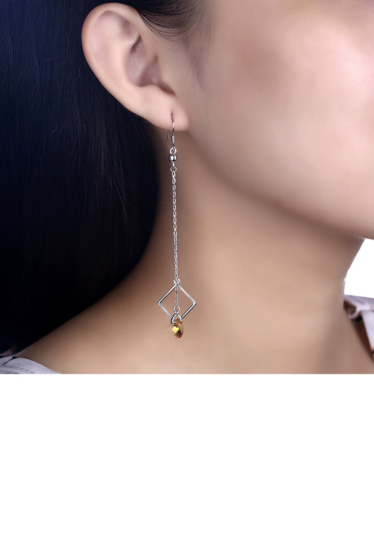 925 Sterling Silver Square Long Earrings with Yellow Austrian Element Crystal